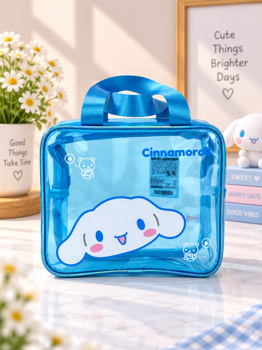 Blue transparent square cosmetic bag with top handle and Cinnamoroll face front print